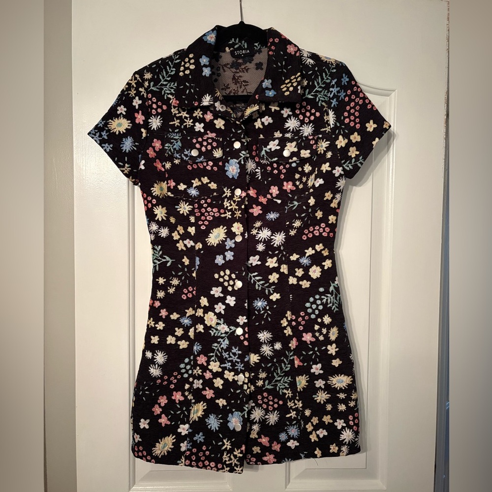 Corduroy Black Floral Mini Dress